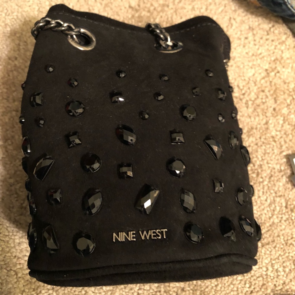 Black jeweled bucket crossbody bag
